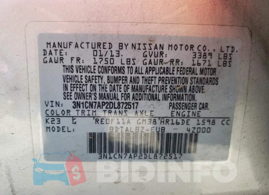 3N1CN7AP2DL872517 Photo# 10