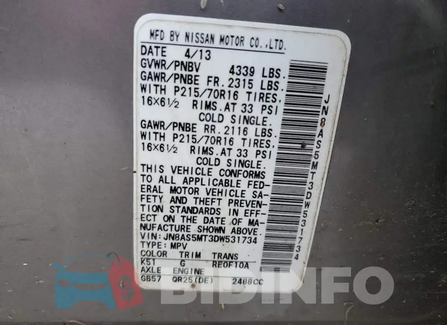 JN8AS5MT3DW531734 Photo# 13
