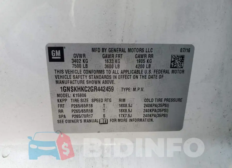 1GNSKHKC2GR442459 Photo# 13