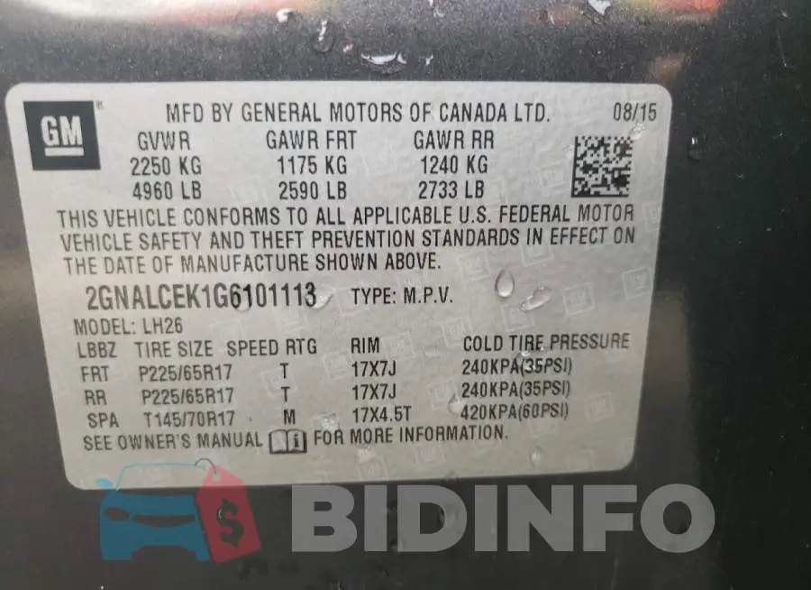 2GNALCEK1G6101113 Photo# 13