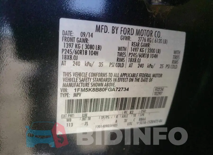 1FM5K8B80FGA72734 Photo# 10