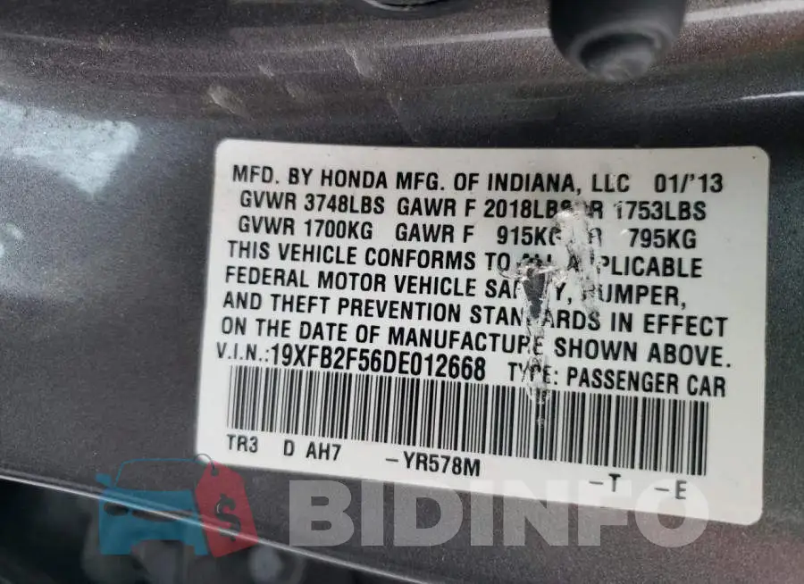 19XFB2F56DE012668 Photo# 10