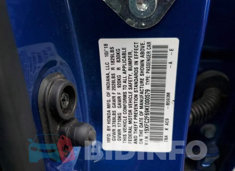 19XFC2F69KE000579 Photo# 10