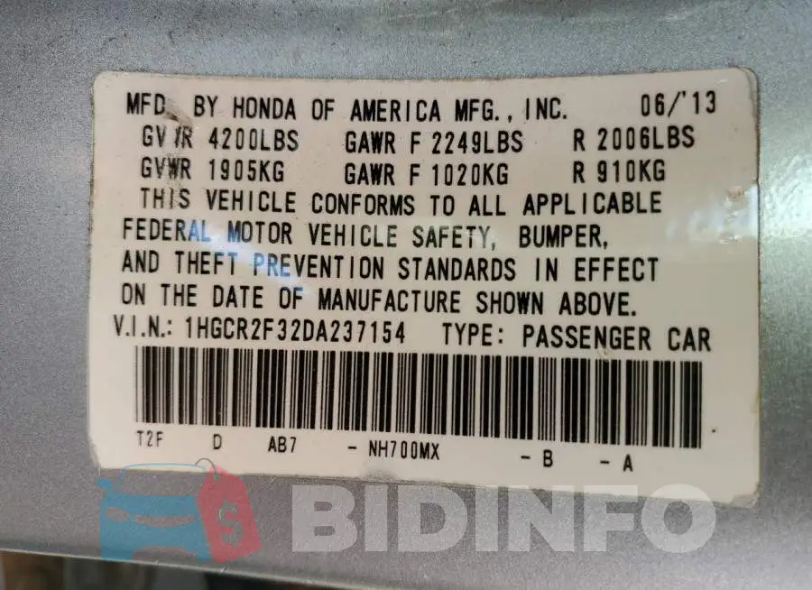 1HGCR2F32DA237154 Photo# 12