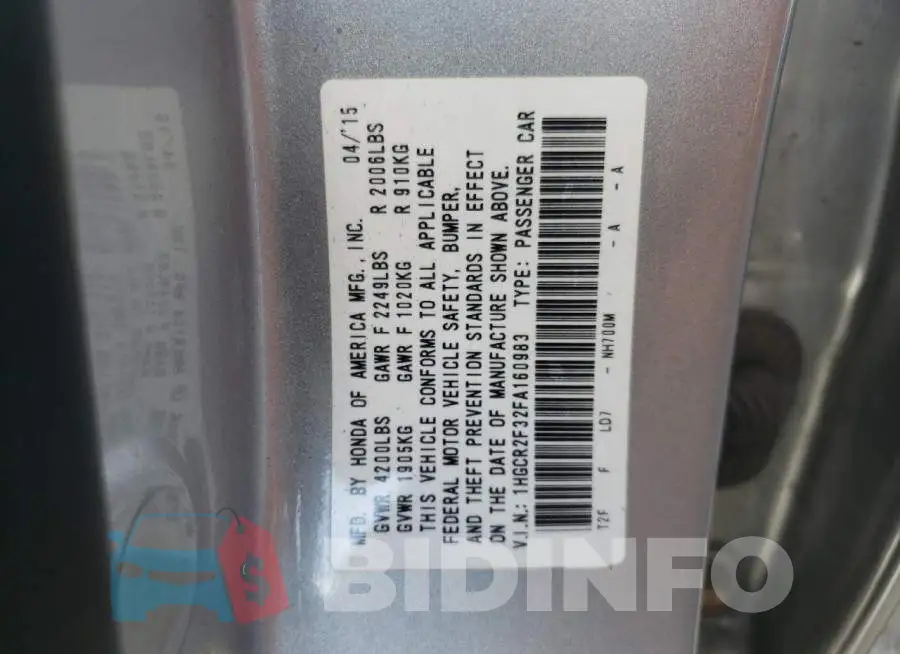 1HGCR2F32FA160983 Photo# 10