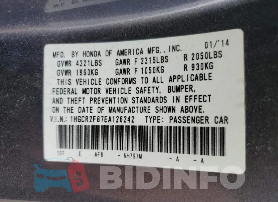 1HGCR2F87EA126242 Photo# 10