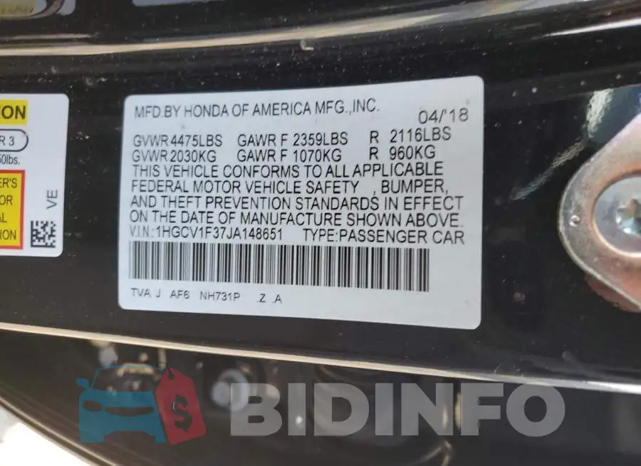 1HGCV1F37JA148651 Photo# 12