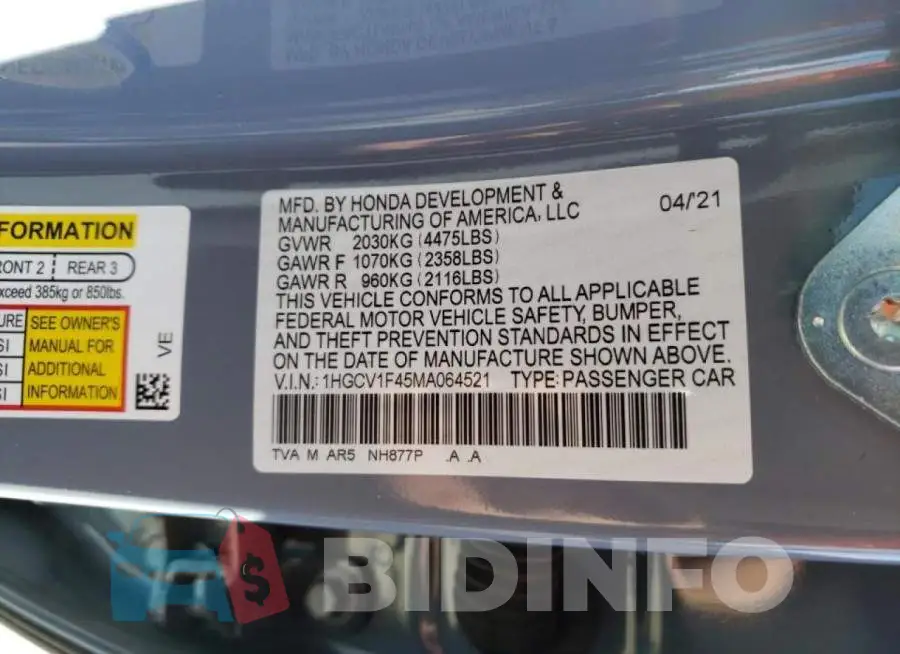 1HGCV1F45MA064521 Photo# 10