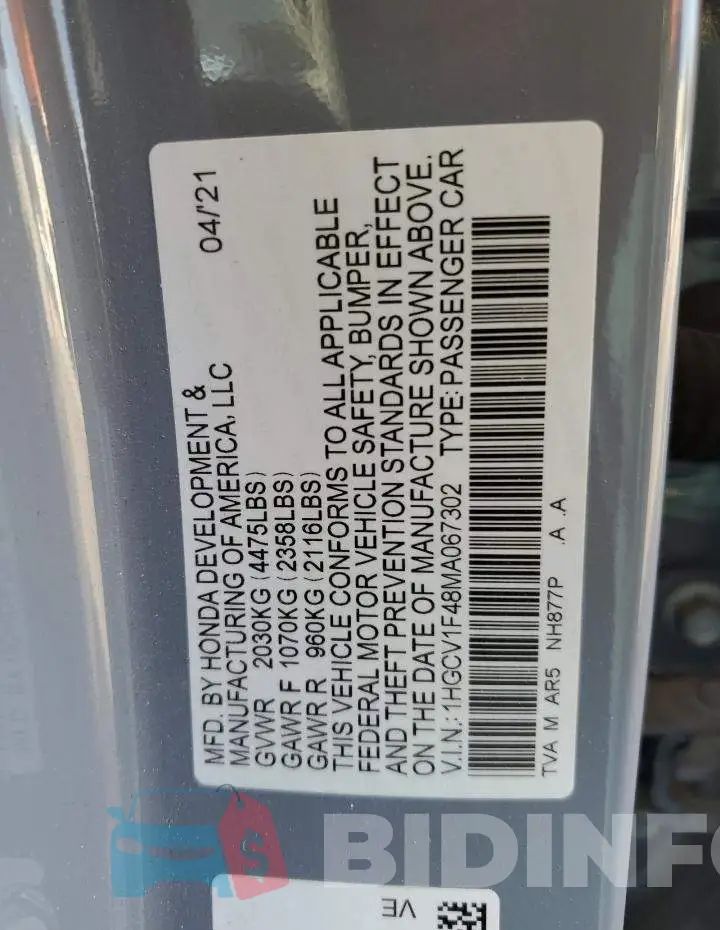 1HGCV1F48MA067302 Photo# 10