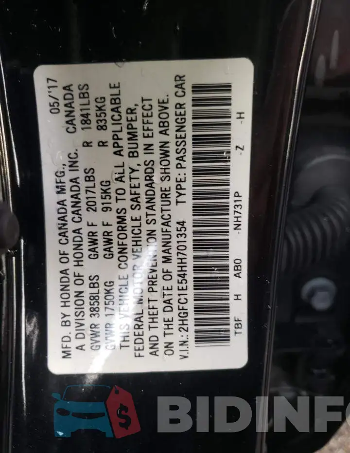 2HGFC1E54HH701354 Photo# 10