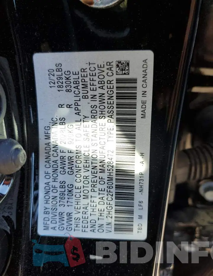 2HGFC2F60MH528472 Photo# 10