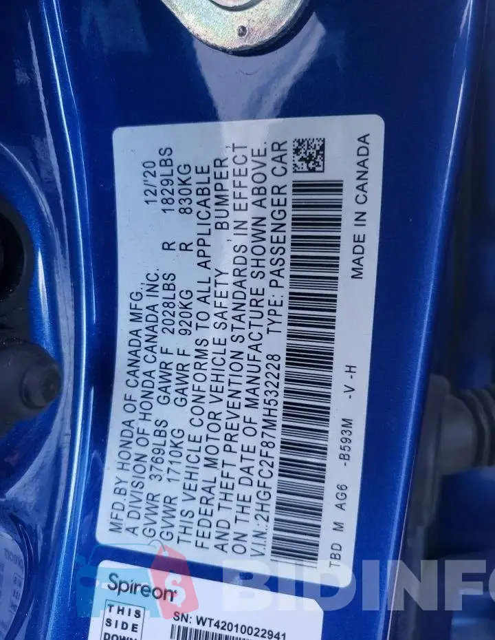 2HGFC2F87MH532228 Photo# 10
