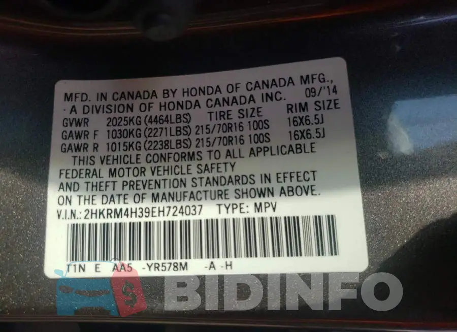 2HKRM4H39EH724037 Photo# 10