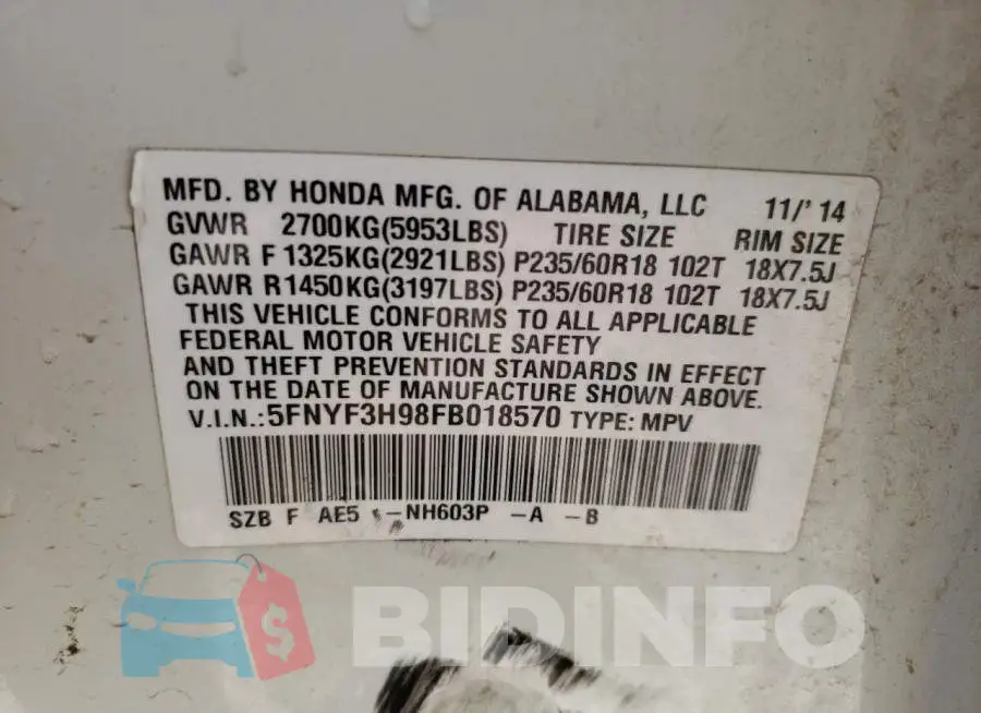 5FNYF3H98FB018570 Photo# 10