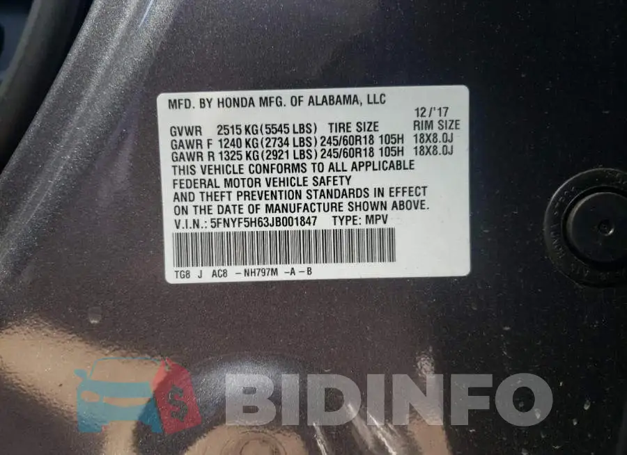 5FNYF5H63JB001847 Photo# 14