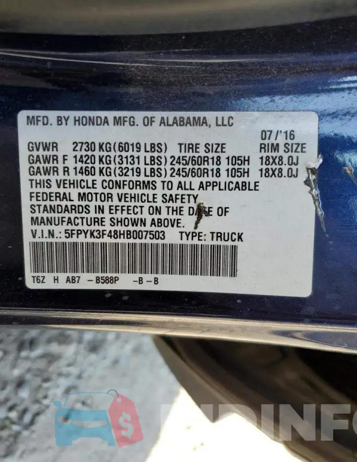5FPYK3F48HB007503 Photo# 10