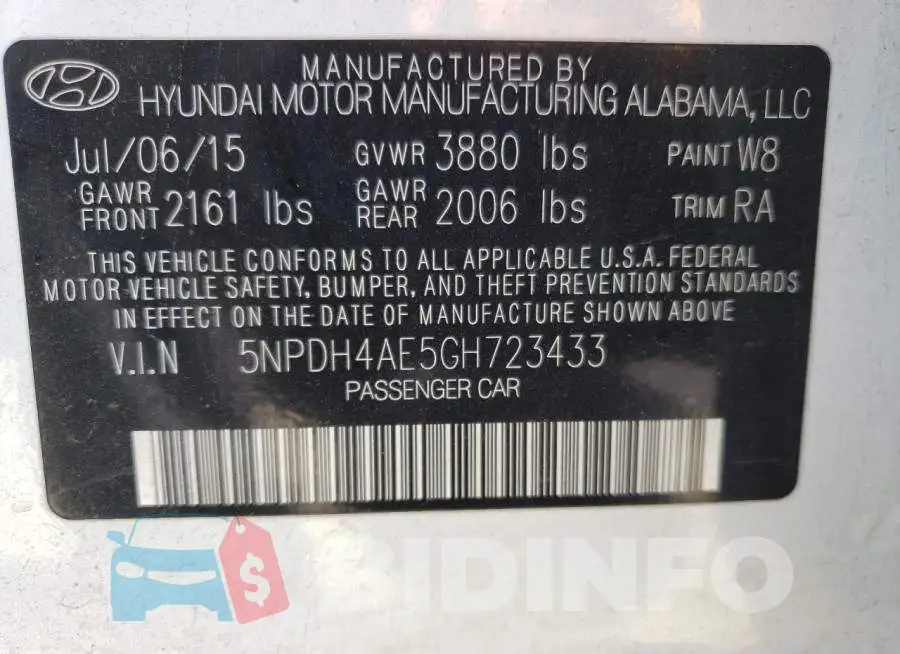 5NPDH4AE5GH723433 Photo# 10