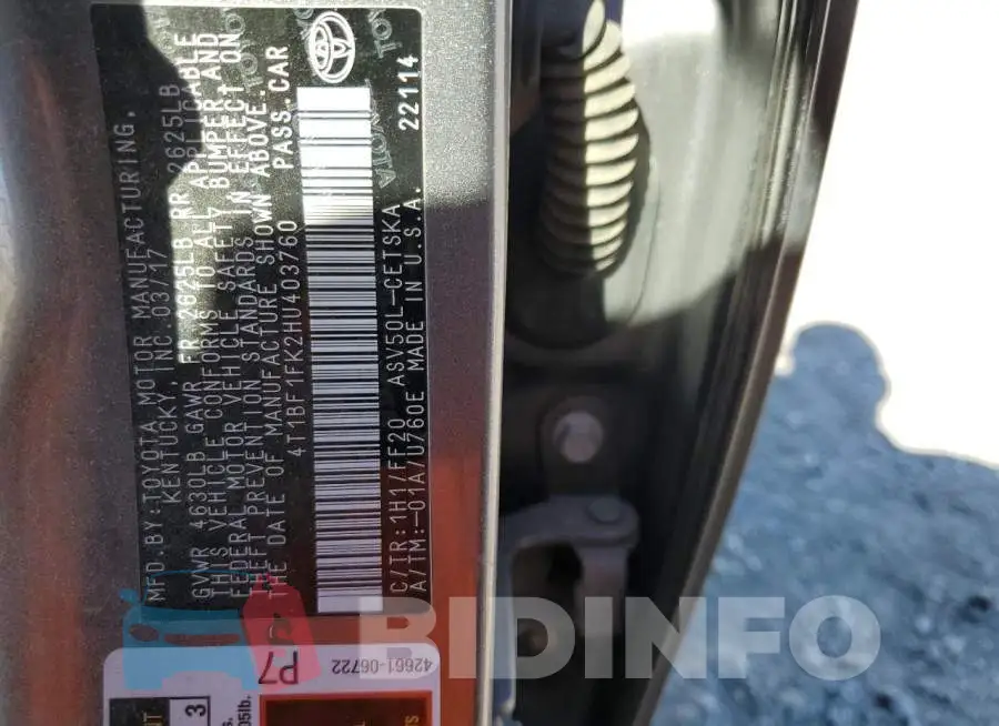 4T1BF1FK2HU403760 Photo# 10