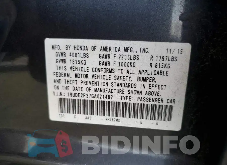 19UDE2F37GA021482 Photo# 10