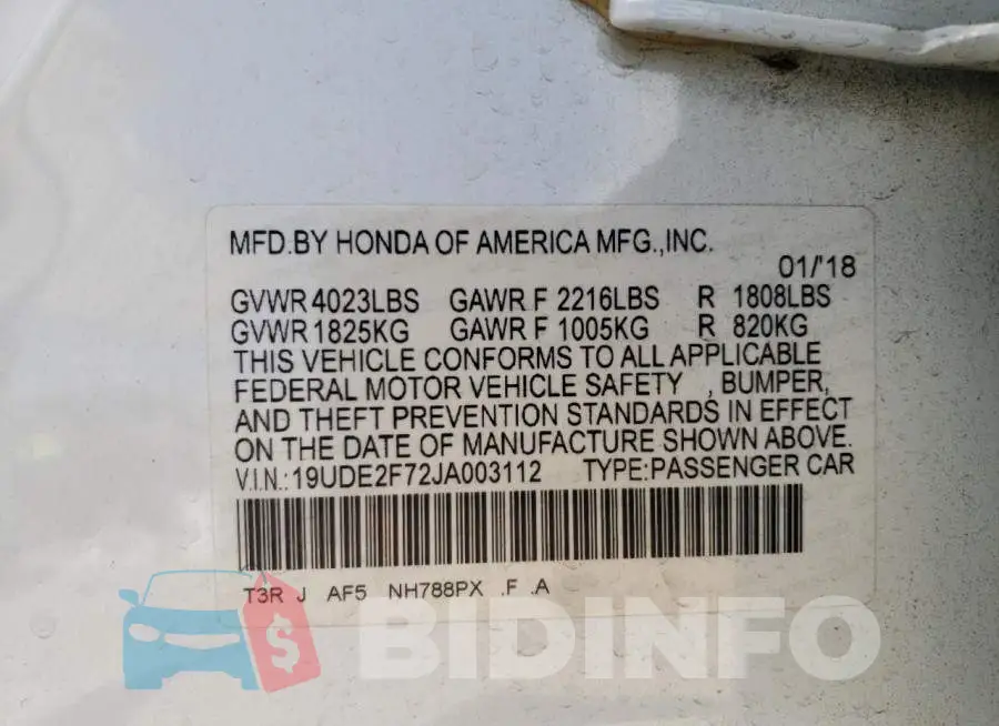 19UDE2F72JA003112 Photo# 10