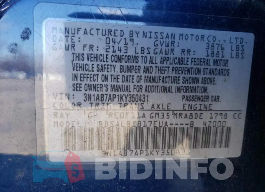 3N1AB7AP1KY350431 Photo# 10