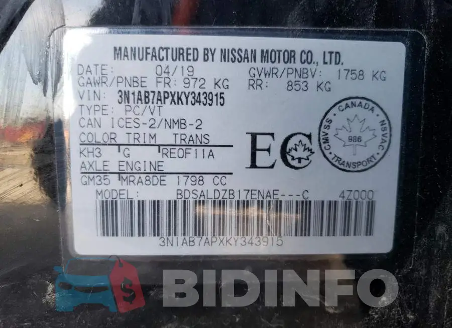 3N1AB7APXKY343915 Photo# 13