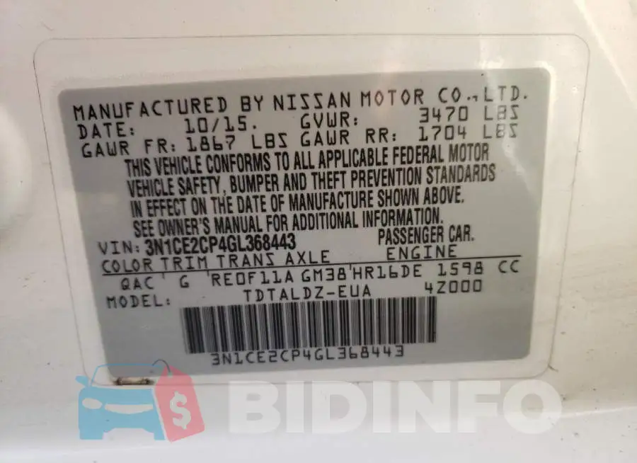3N1CE2CP4GL368443 Photo# 13