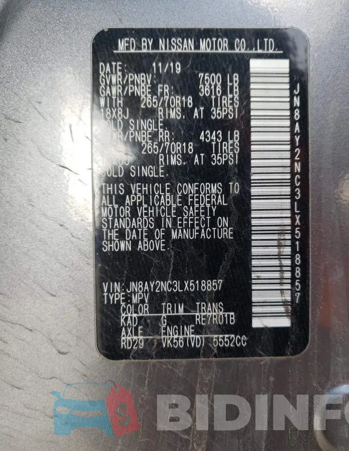 JN8AY2NC3LX518857 Photo# 14