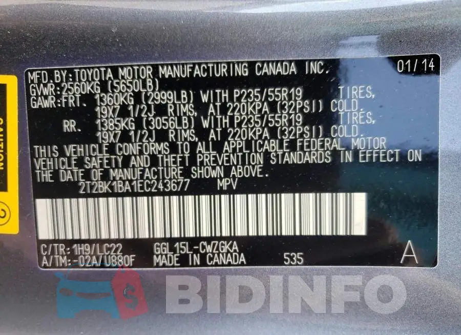 2T2BK1BA1EC243677 Photo# 10