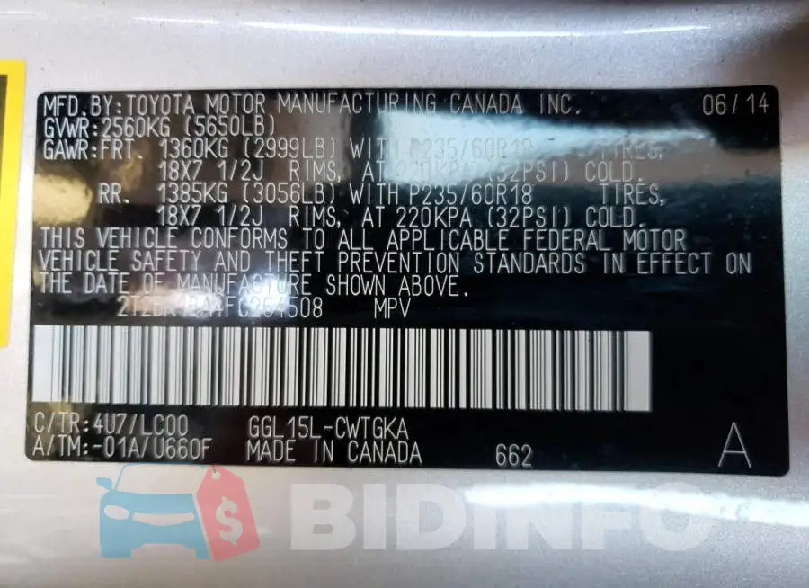 2T2BK1BA4FC264508 Photo# 13