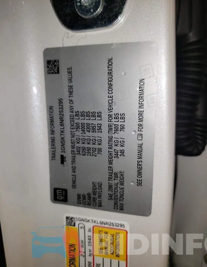 1GNSKTKL6NR253295 Photo# 10