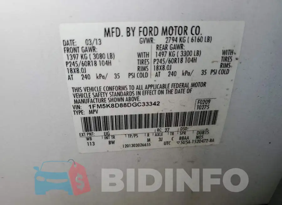 1FM5K8D88DGC33342 Photo# 10