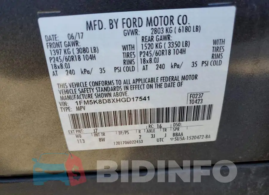 1FM5K8D8XHGD17541 Photo# 10