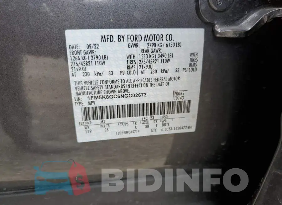 1FM5K8GC6NGC02673 Photo# 10