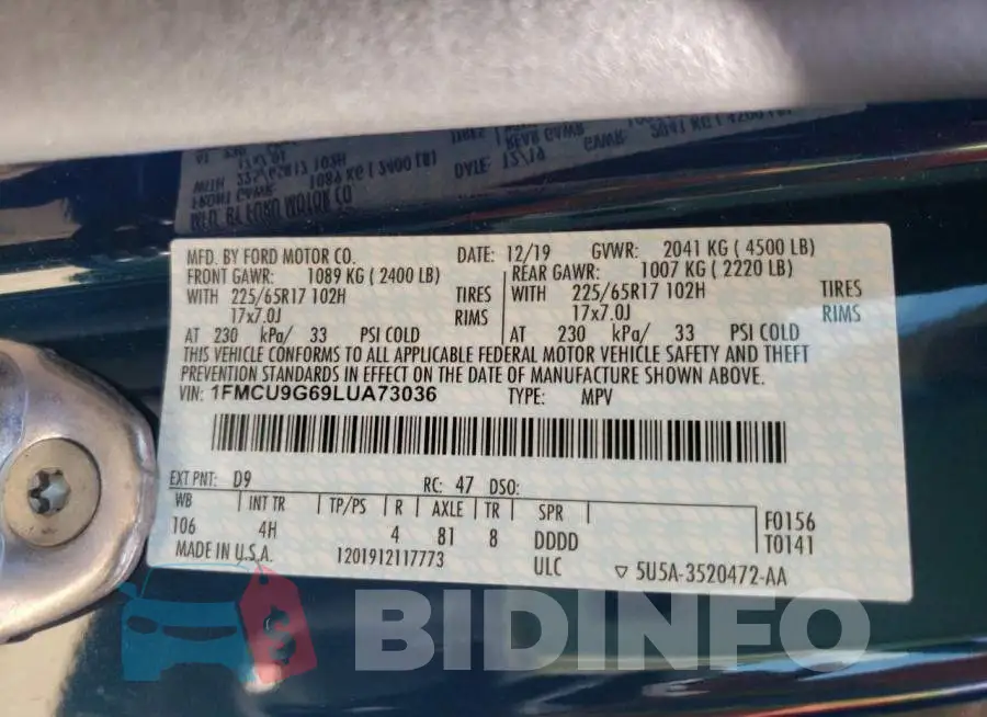 1FMCU9G69LUA73036 Photo# 10