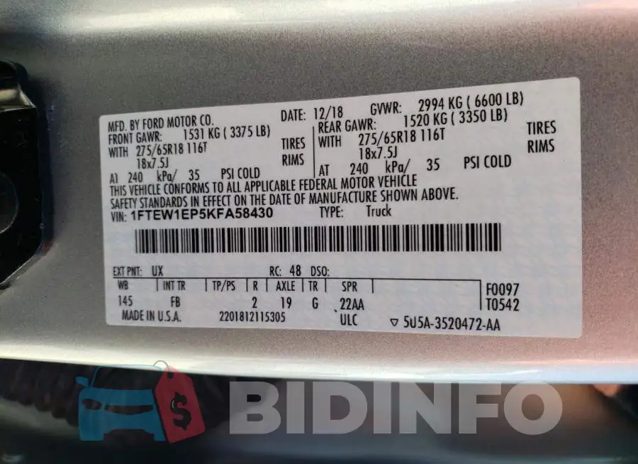 1FTEW1EP5KFA58430 Photo# 10