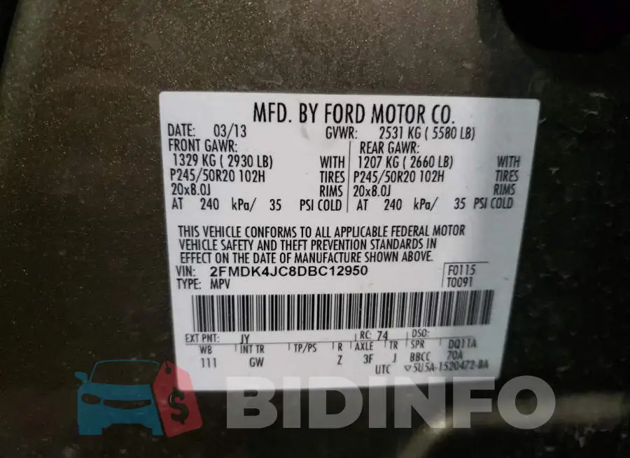 2FMDK4JC8DBC12950 Photo# 10