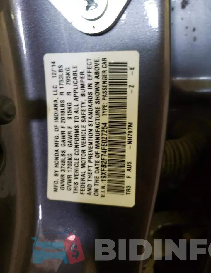 19XFB2F74FE027254 Photo# 10