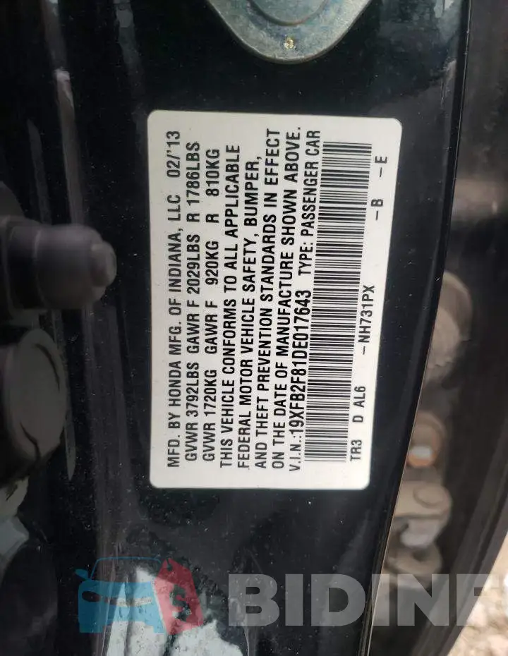 19XFB2F81DE017643 Photo# 10