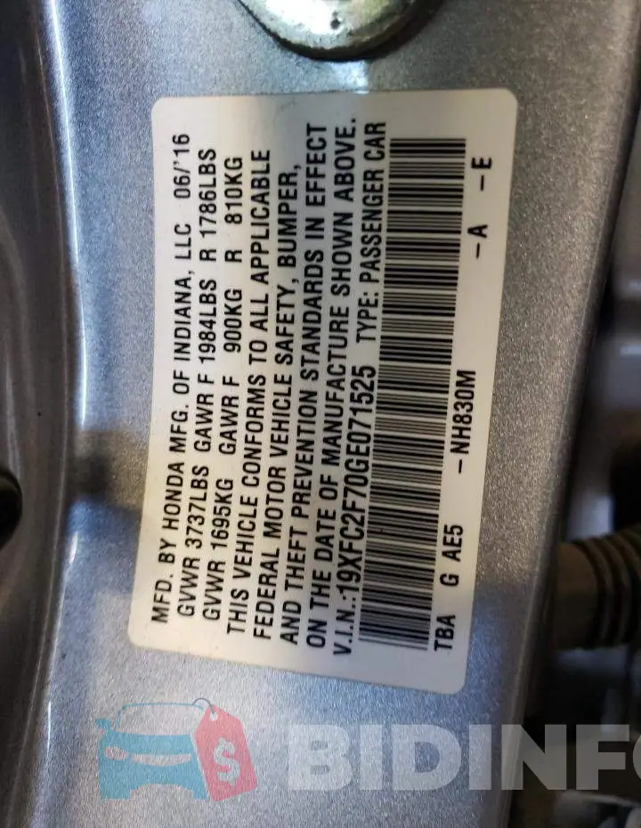 19XFC2F70GE071525 Photo# 10