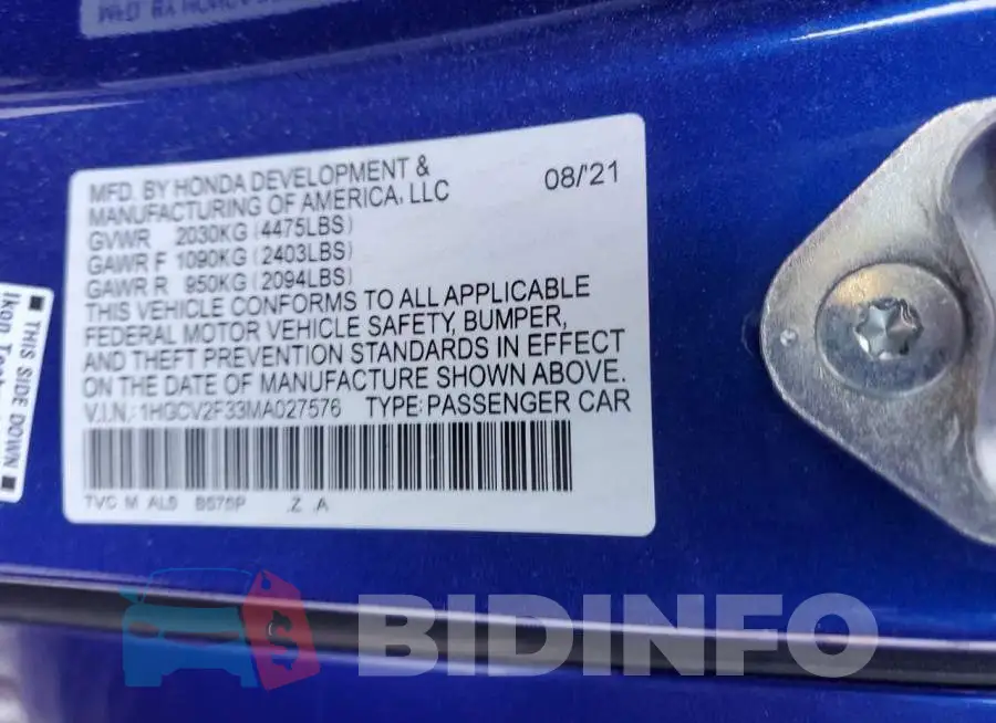 1HGCV2F33MA027576 Photo# 10