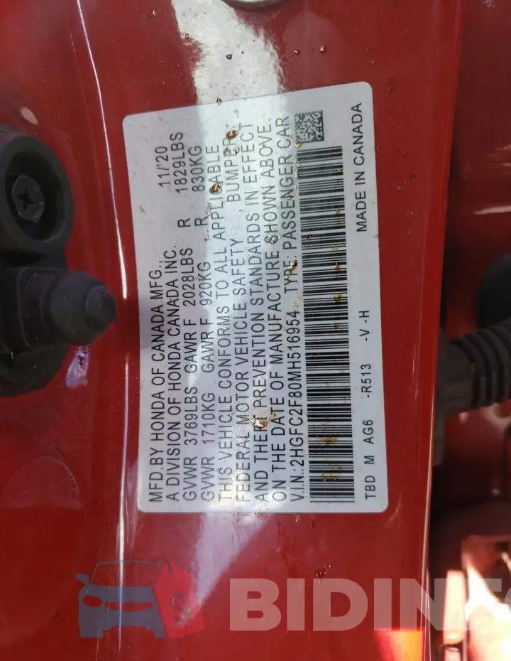 2HGFC2F80MH516954 Photo# 10