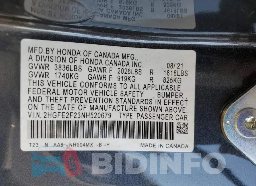 2HGFE2F23NH520679 Photo# 10