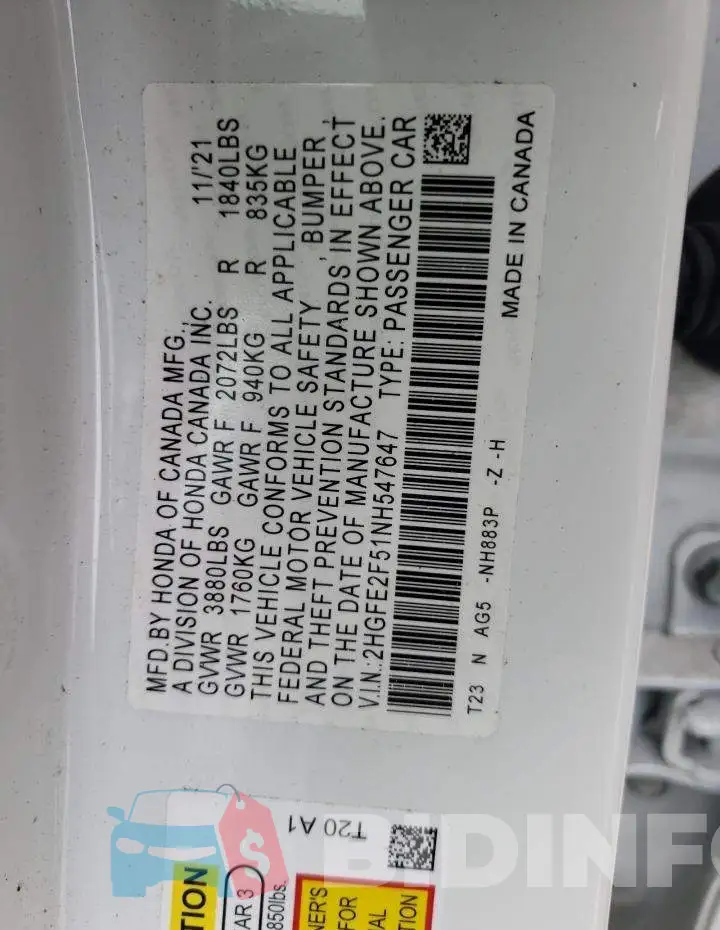 2HGFE2F51NH547647 Photo# 10