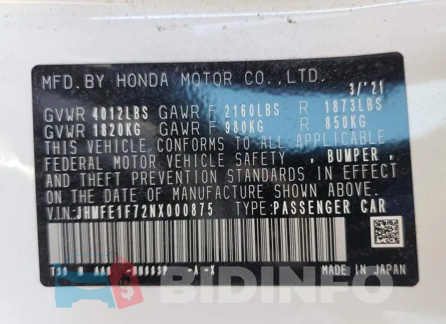 JHMFE1F72NX000875 Photo# 10