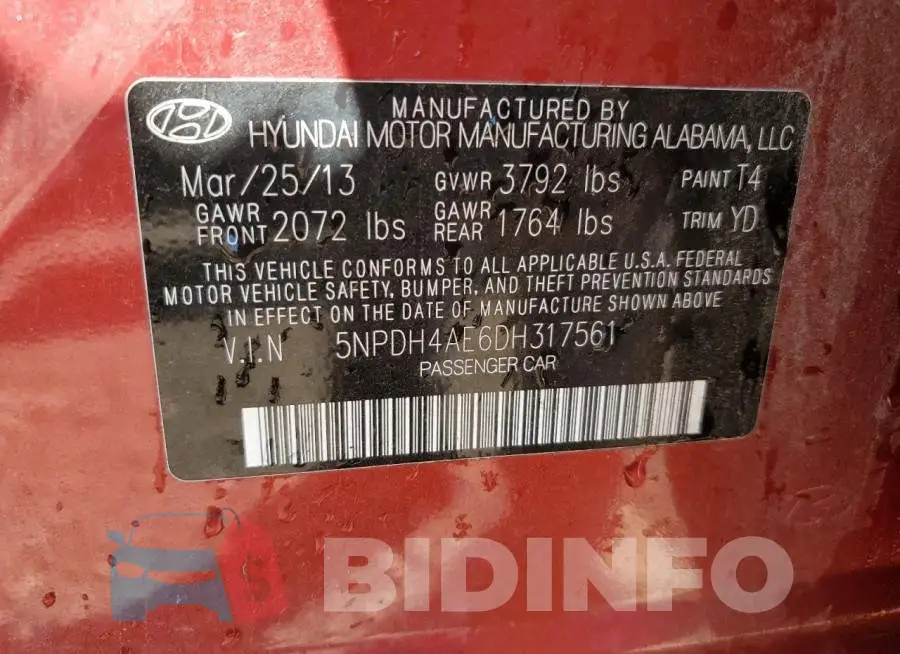 5NPDH4AE6DH317561 Photo# 10