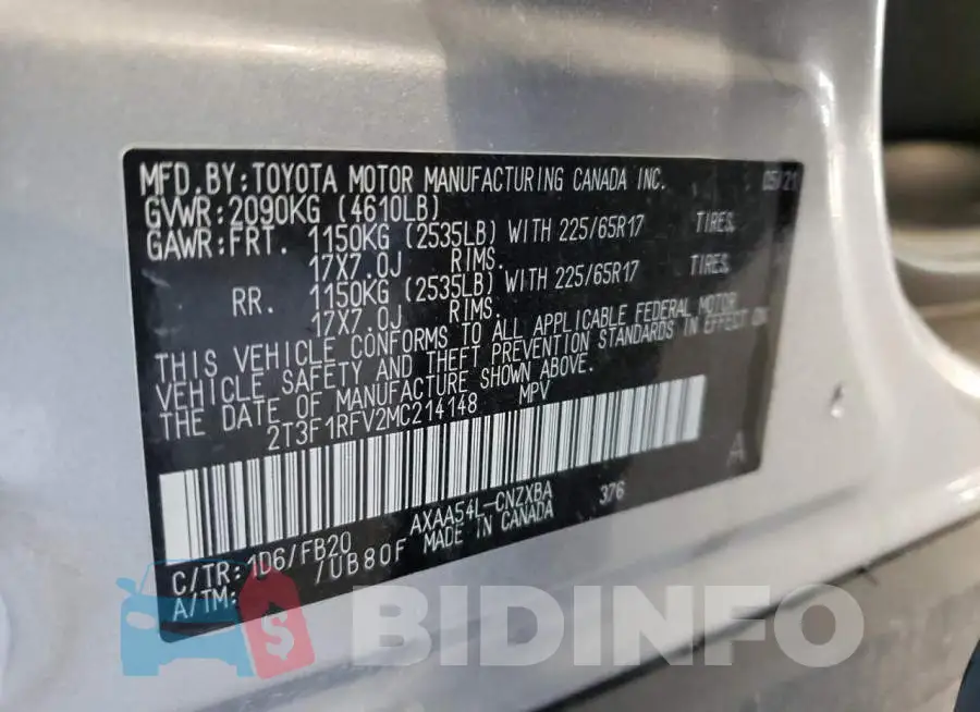 2T3F1RFV2MC214148 Photo# 10