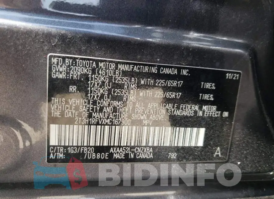 2T3H1RFVXMC167900 Photo# 14