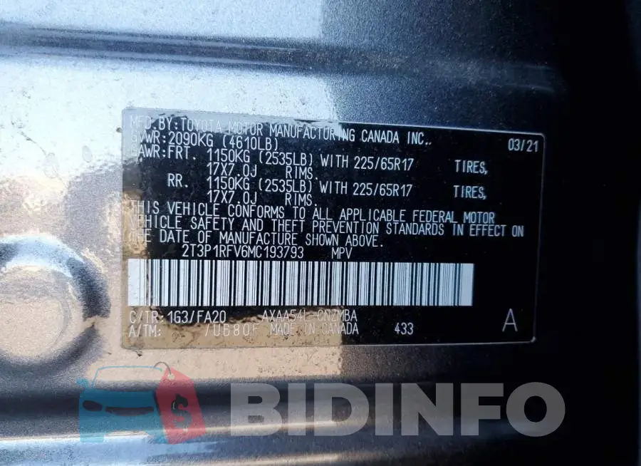 2T3P1RFV6MC193793 Photo# 10