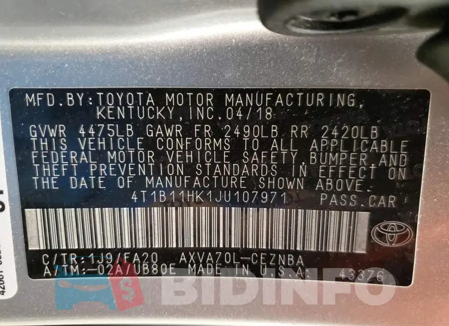 4T1B11HK1JU107971 Photo# 10